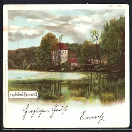 Lithographie Grunewald, Uferpartie am Jagdschloss