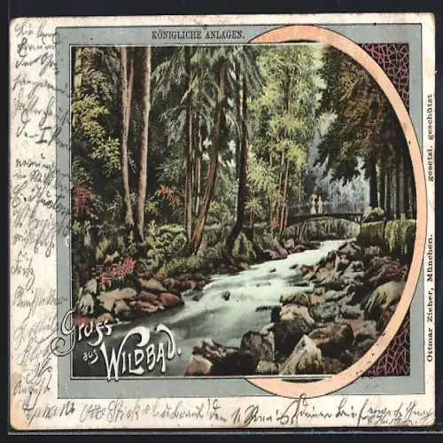 Lithographie Wildbad / Schwarzwald, Königliche Anlagen mit Brücke