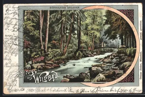 Lithographie Wildbad / Schwarzwald, Königliche Anlagen mit Brücke