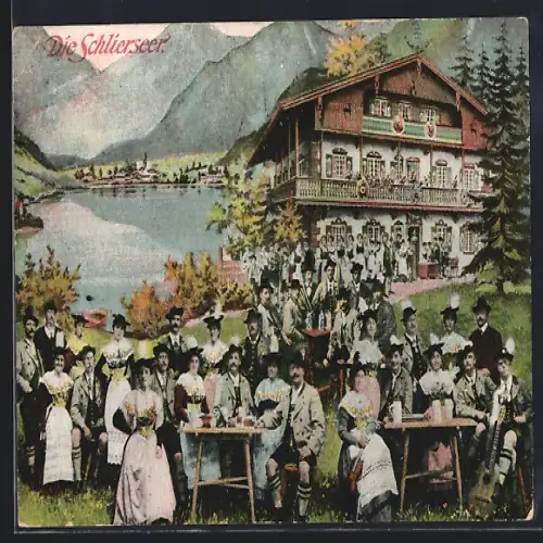 AK Schliersee, Die Schlierseer Trachtenkapelle dem Gasthof am See