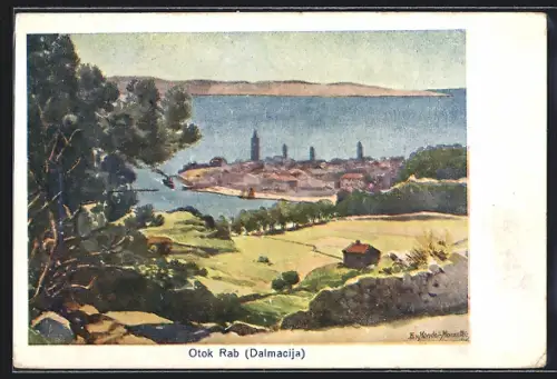 Künstler-AK Rab /Dalmacija, Ortsansicht mit Blick aufs Meer