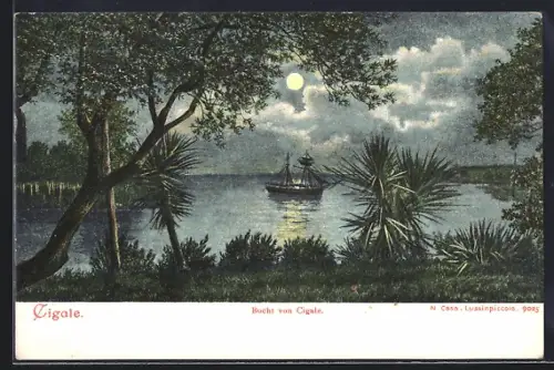 Künstler-AK Cigale, Bucht mit Segelboot bei Mondschein