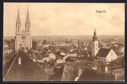 AK Zagreb, Panorama mit Kirchturm