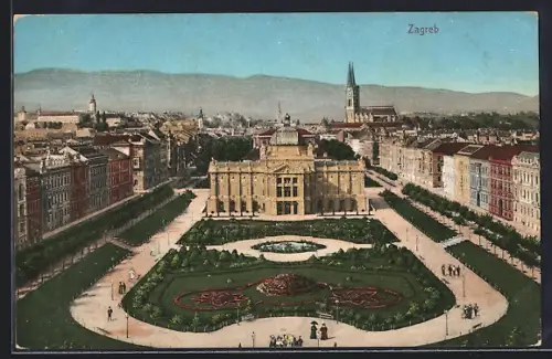 AK Zagreb, Platzansicht mit Parkanlagen, Leute