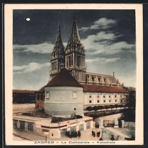 AK Zagreb, Kathedrale bei Mondschein