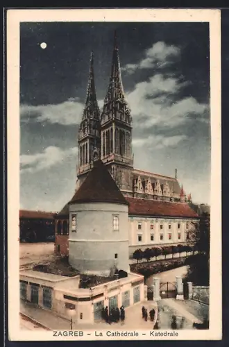 AK Zagreb, Kathedrale bei Mondschein