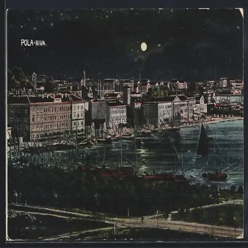 AK Pola-Riva, Panorama mit Strassenpartie bei Mondschein