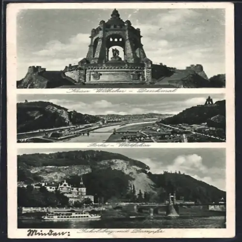 AK Porta Westfalica, Kaiser Wilhelm-Denkmal, Ortspanorama, Jakobsberg mit Dampfer