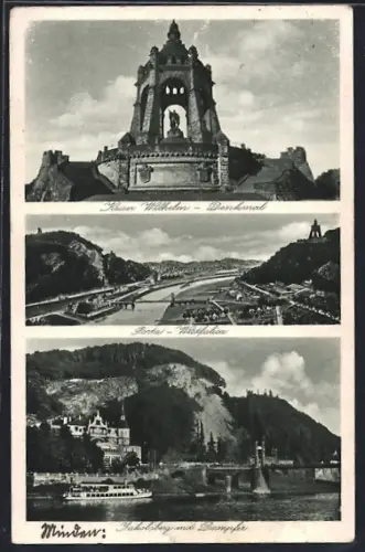 AK Porta Westfalica, Kaiser Wilhelm-Denkmal, Ortspanorama, Jakobsberg mit Dampfer