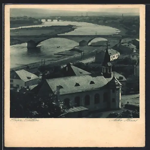 AK Trier, Pallien, Blick über die Stadt und die Moselbrücke
