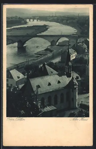 AK Trier, Pallien, Blick über die Stadt und die Moselbrücke