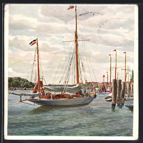 Künstler-AK Travemünde, Segelboot im Yachthafen