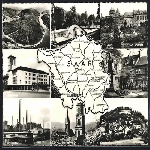 AK Neunkirchen /Saar, Geschäft Schwärtzel und Denkmal, Saarlouis, Landkarte mit Merzig, Beckingen und Altheim