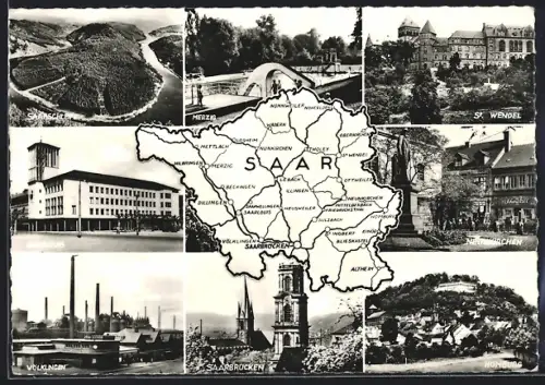 AK Neunkirchen /Saar, Geschäft Schwärtzel und Denkmal, Saarlouis, Landkarte mit Merzig, Beckingen und Altheim