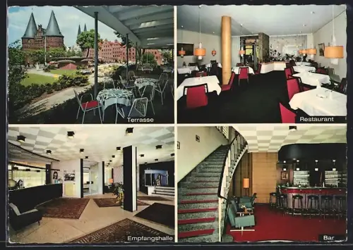AK Lübeck, Parkhotel am Holstentor, Holstentorplatz 7, Innenansichten Restaurant und Empfangshalle