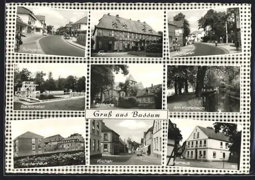 AK Bassum, Sulingerstrasse mit Geschäften, Rathaus, Stiftkirche