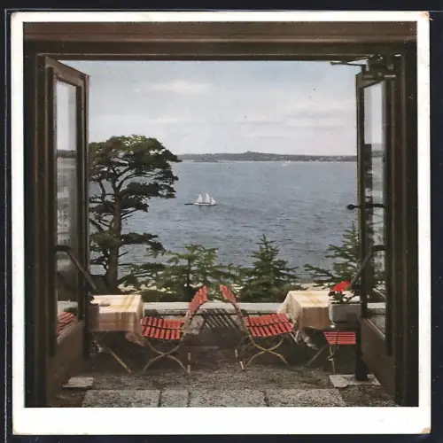 AK Berlin-Wannsee, Blick von den Terrassen am Strandbad nach Kladow und zur Insel Kälberwerder