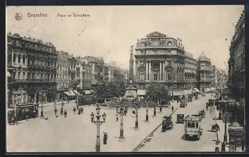 AK Bruxelles, Place de Brouckere mit Strassenbahn, Denkmal und Häuserfassaden mit Geschäften
