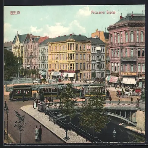 AK Berlin-Tiergarten, Potsdamer Brücke mit Strassenbahn und Kutschen