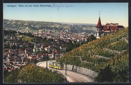 AK Stuttgart, Blick von der neuen Weinsteige mit Strassenbahn