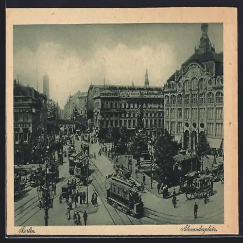 AK Berlin, Alexanderplatz, Geschäftshäuser und Strassenbahnen