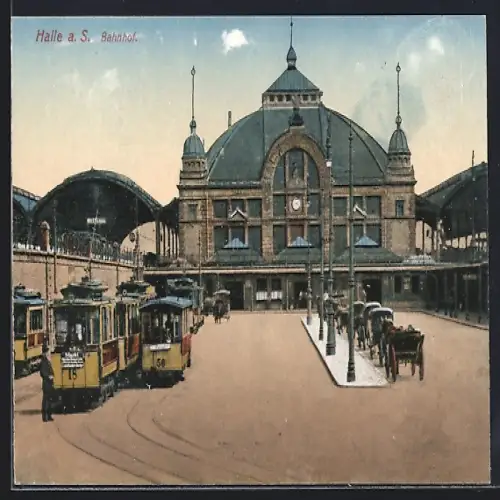 AK Halle a. S., Strassenbahnverkehr vor dem Bahnhof