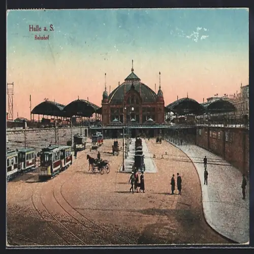 AK Halle a. S., Bahnhof, Strassenbahn, Vorplatz