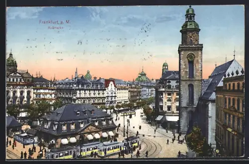 AK Frankfurt a. M., Rossmarkt mit Kirche und Strassenbahn