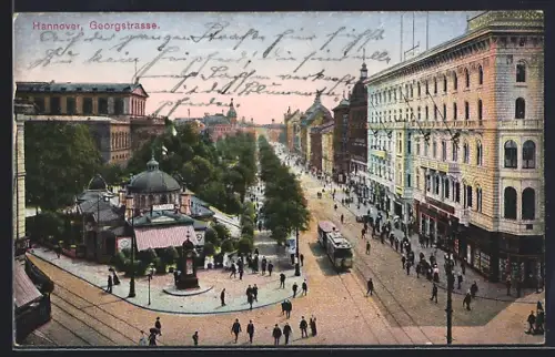 AK Hannover, Georgstrasse mit Café Kröpcke, Strassenbahn