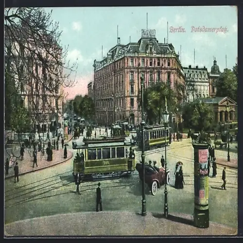 AK Berlin-Tiergarten, Potsdamerplatz mit Strassenbahnen und Litfasssäulen