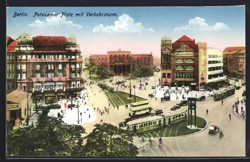 AK Berlin-Tiergarten, Blick auf den Potsdamer Platz mit Verkehrsturm, Strassenbahn