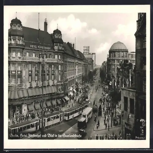 AK Berlin-Tiergarten, Strassenbahn am Hotel Fürstenhof am Postdamer Platz, Blick in der Saarlandstrasse