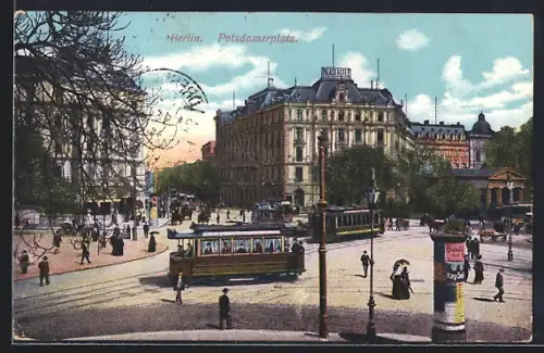 AK Berlin, Potsdamerplatz, Strassenbahn, Litfasssäule