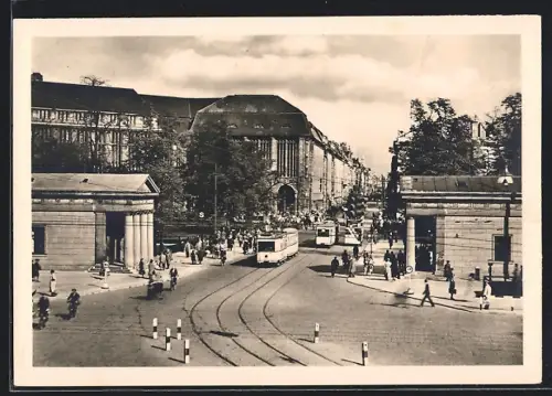 AK Berlin, Leipziger Platz mit Blick in die Leipziger Strasse mit Strassenbahn