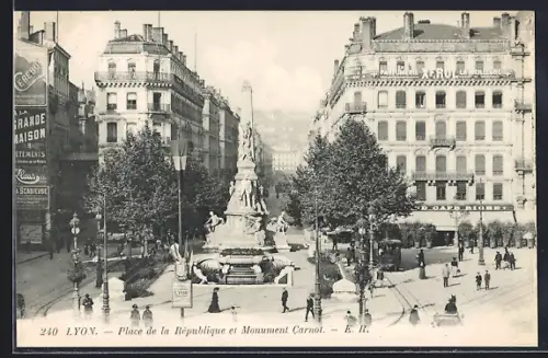 AK Lyon, Place de la Republique et Monument Carnot, Strassenbahn