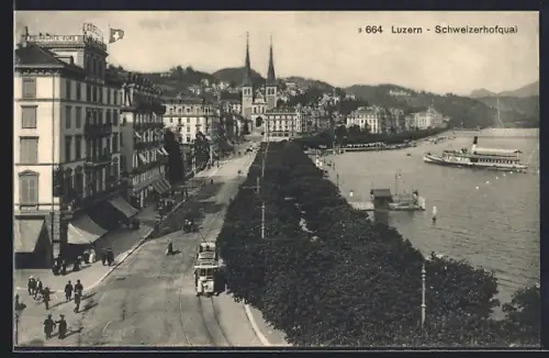 AK Luzern, Schweizerhofquai, Strassenbahn