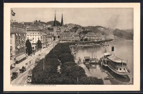 AK Luzern, Schweizerhofquai mit Strassenbahn, von oben gesehen