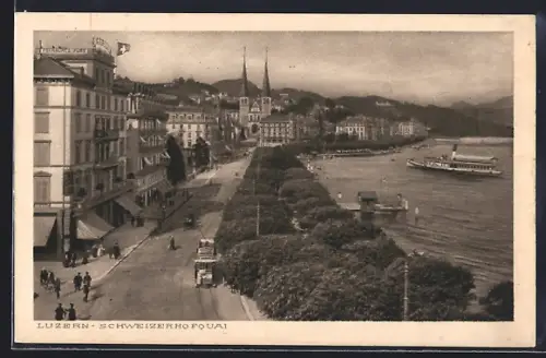 AK Luzern, Schweizerhofquai mit Strassenbahn und Dampfer aus der Vogelschau