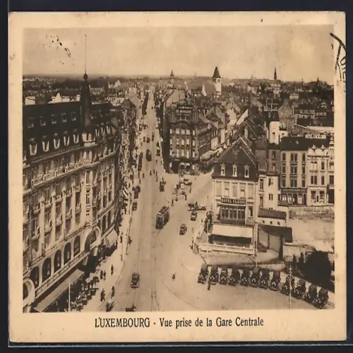 AK Luxembourg, Vue priese de la Gare Centrale, Strassenbahn