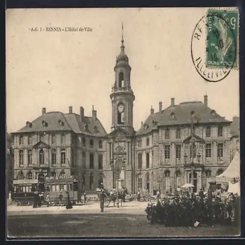 AK Rennes, L`Hotel de Ville, Strassenbahn
