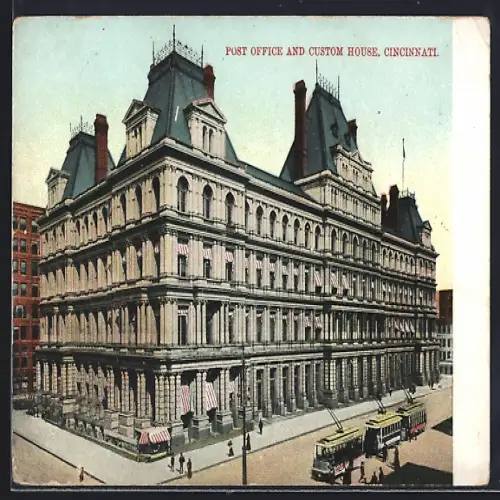 AK Cincinnati, Post Office and Custom House, Strassenbahn
