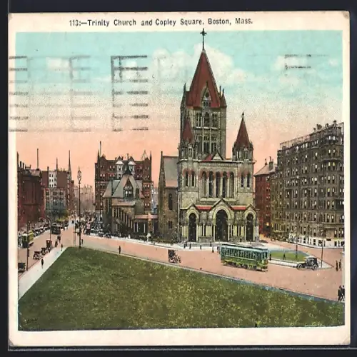 AK Boston, Mass., Trinity Church and Copley Square, Strassenbahn