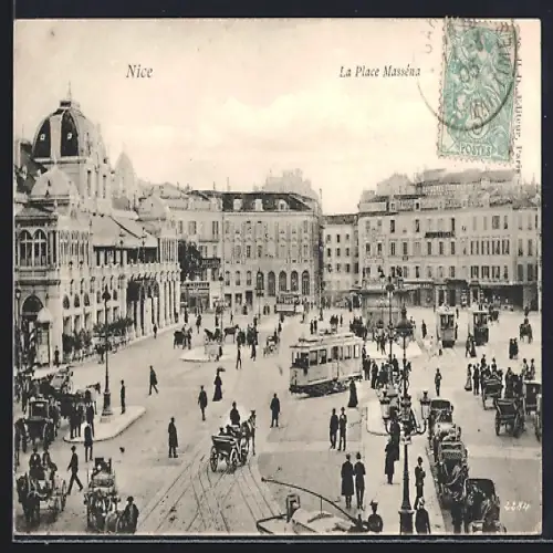 AK Nice, La Place Masséna, Panorama von oben, Strassenbahn