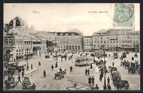 AK Nice, La Place Masséna, Panorama von oben, Strassenbahn