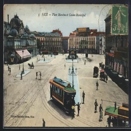 AK Nice, Place Masséna et Casino Municipal, Strassenbahn
