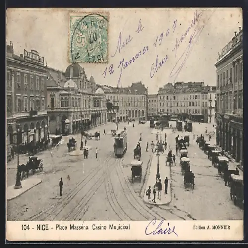 AK Nice, Place Masséna, Casino Municipal, Strassenbahn