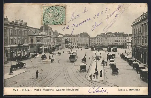 AK Nice, Place Masséna, Casino Municipal, Strassenbahn