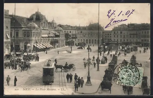 AK Nice, La Place Masséna, Strassenbahn