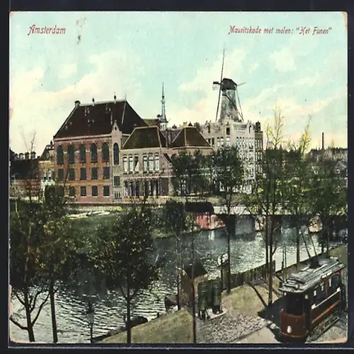 AK Amsterdam, Mauritskade met molen Het Funen, Strassenbahn