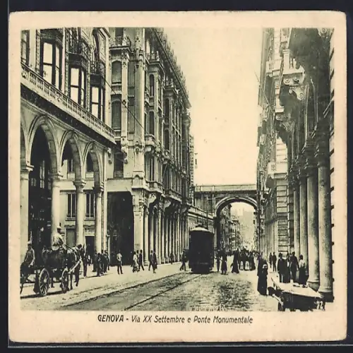 AK Genova, Via XX Settembre e Ponte Monumentale, Strassenbahn